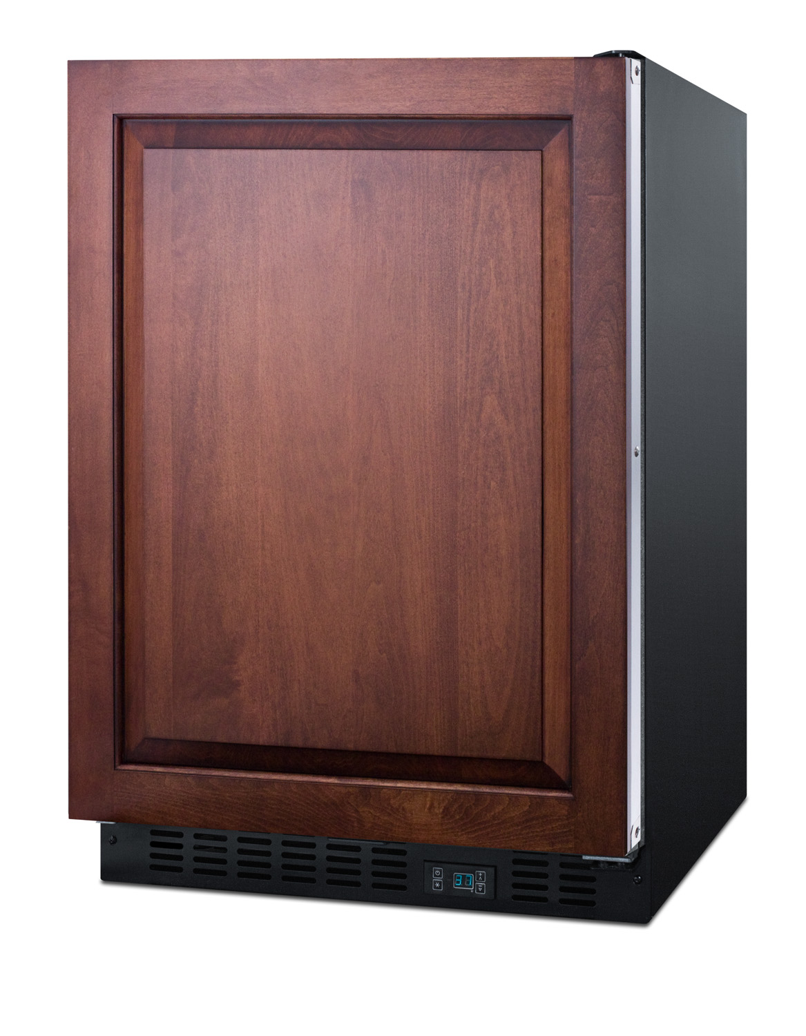 Built-in undercounter commercial all-refrigerator with panel-ready door, stainless steel interior, lock, and digital thermostat